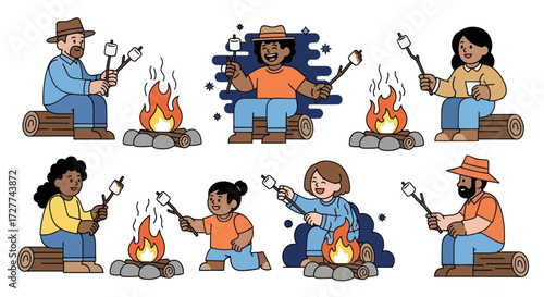 Diverse group of people roasting marshmallows over campfires.
