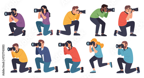 Diverse Group of Photographers in Action Poses.