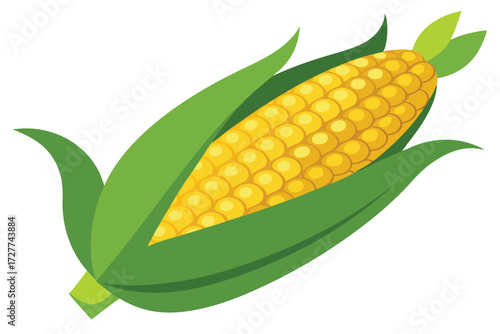 Ripe yellow corn on the cob is shown with green leaves around it