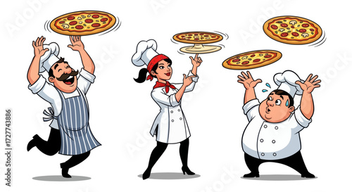 Three cheerful cartoon pizza chefs juggling and balancing delicious pizzas.