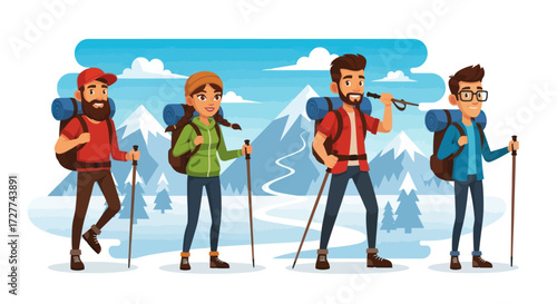 A group of four young cartoon hikers with backpacks and trekking poles on a winter adventure.