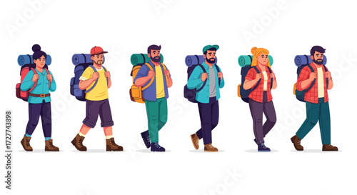 Group of Hikers with Backpacks Walking Together on Adventure.
