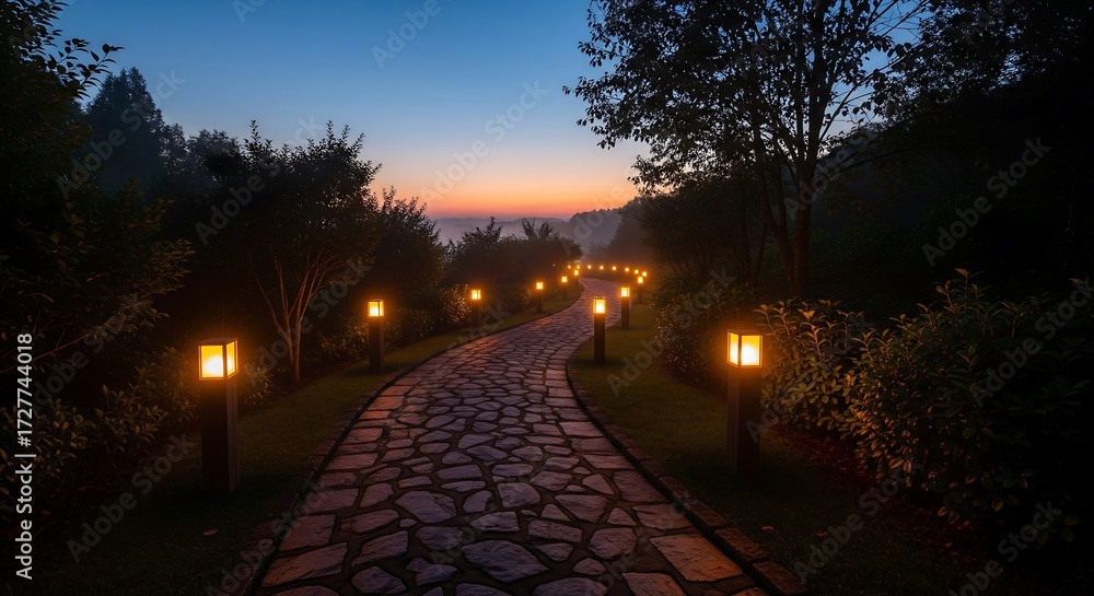 Obraz premium Glowing small lanterns illuminate a pathway in the twilight