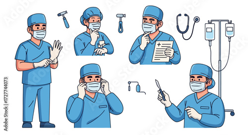 Cartoon Illustrations of Medical Professionals in Various Poses.