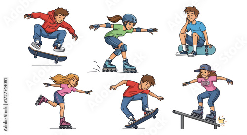 Cartoon Skateboarders and Roller Skaters in Action Poses.