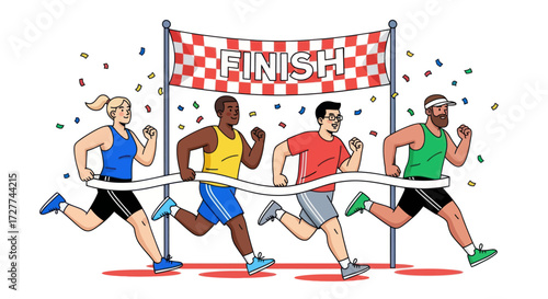 Diverse Group of Athletes Crossing Finish Line in a Marathon Race.