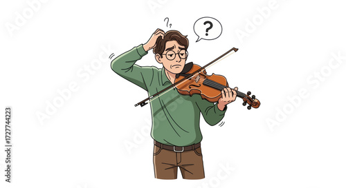 Confused man with glasses holding a violin and bow scratching his head.