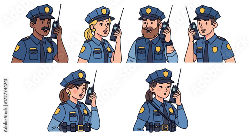 Diverse Police Officers Communicating on Radios.