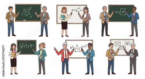 Diverse group of teachers instructing students at chalkboards and whiteboards.