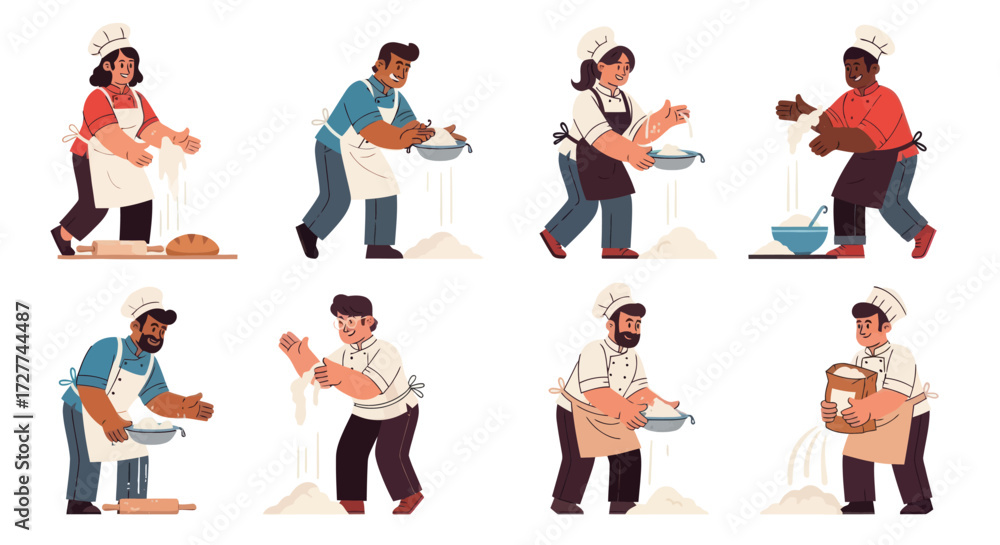 Fototapeta premium Diverse Group of Bakers Preparing Dough Wearing Aprons and Chef Hats.