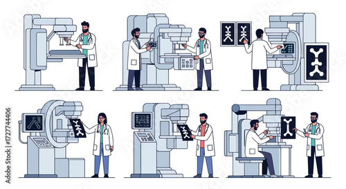 Medical Professionals Operating X-ray Machines and Examining Radiographs.