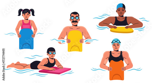 Diverse Swimmers Enjoying Water Activities with Various Equipment.