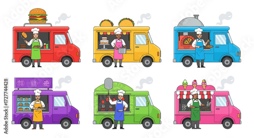 Six colorful food trucks with chefs offering diverse culinary delights.