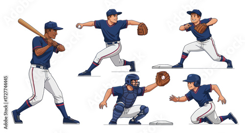 Diverse Baseball Players in Action Poses on White Background.