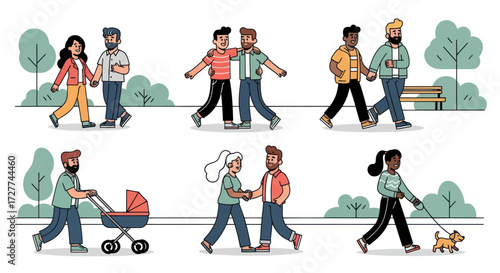 Diverse Couples and Individuals Enjoying a Walk in the Park.