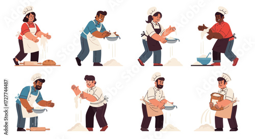 Diverse Group of Bakers Preparing Dough Wearing Aprons and Chef Hats.