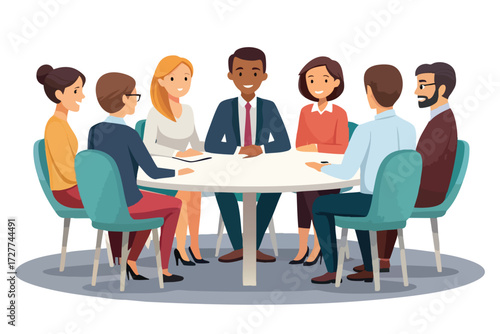 Diverse group of professionals collaborating and discussing ideas around a round table meeting