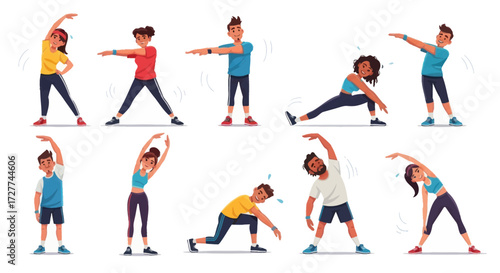 Diverse Cartoon Characters Exercising and Stretching Warming Up for Fitness and Health.