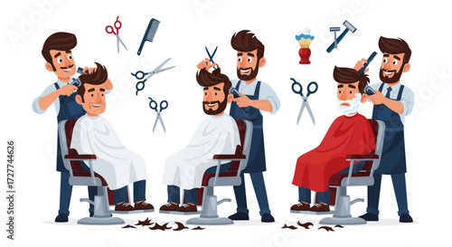 Barber Shop Scene: Men Getting Haircuts and Shaves in a Cartoon Style.