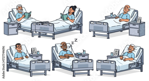 Diverse patients resting and recovering in hospital beds with bedside tables.