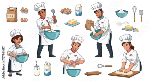 A diverse set of cartoon chefs and bakers with various ingredients and kitchen tools for making dough.