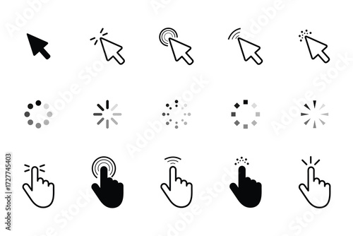 Mouse click and cursor icons with loading effects for web, apps, and digital user interface.
