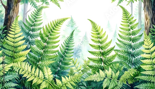 Verdant ferns in watercolor, with tall trees framing a bright, soft, hazy forest background