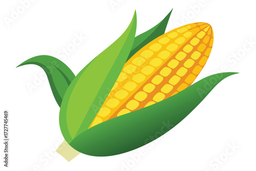 Ripe yellow corn cob surrounded by green leaves sits on a white background