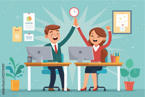 Smiling colleagues high-fiving happily after successful project completion at office desks