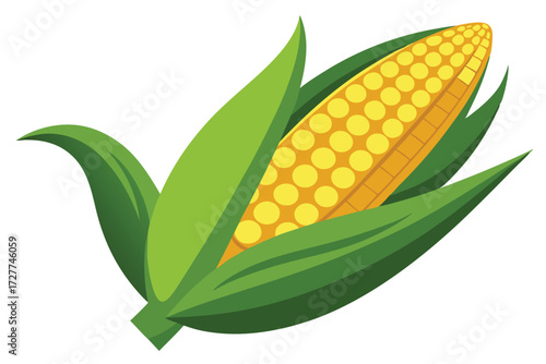 A ripe ear of yellow corn is shown surrounded by green leaves