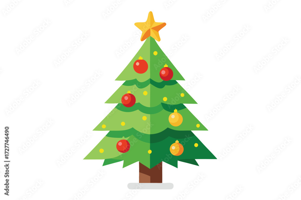 Fototapeta premium Decorated Christmas tree features green branches with star on top and red ornaments
