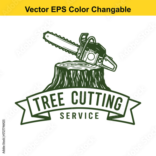 Vector art of tree cutting service logo with chainsaw on stump