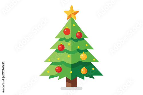 Decorated Christmas tree features green branches with star on top and red ornaments