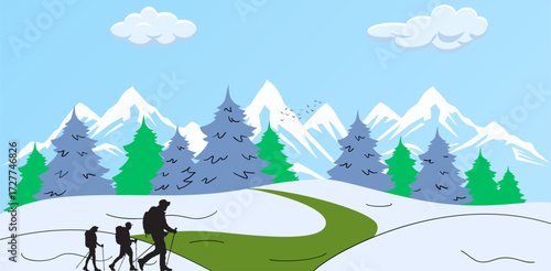 Winter mountain hiking illustration with hikers walking on snowy landscape, pine trees and alpine peaks, outdoor trekking adventure nature background design