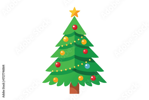 Decorated evergreen Christmas tree with a golden star isolated on a white surface