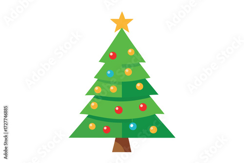Green Christmas tree has golden star and is adorned with colorful ornaments