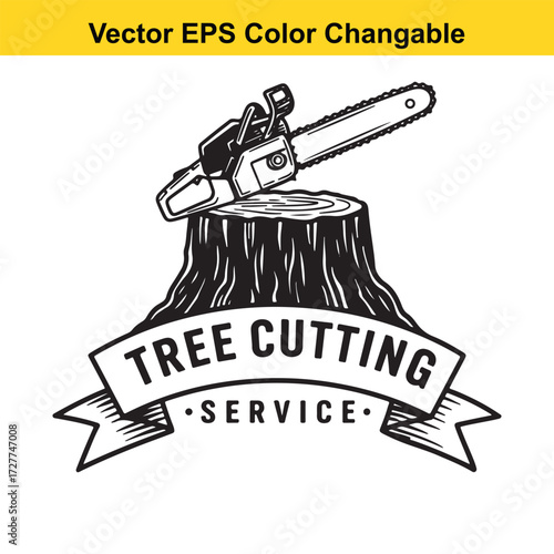 Vector art of chainsaw on tree stump with tree cutting service banner