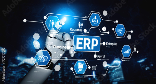 Wallpaper Mural A robotic hand engages with a digital interface showcasing various ERP solutions, emphasizing innovation and efficiency in modern business management strategies. Tessel Torontodigital.ca