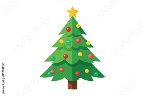 Decorated green Christmas tree stands on white, featuring red, yellow, and blue ornament balls