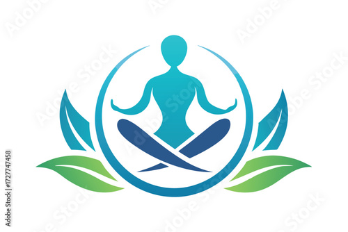 Serene meditating figure is enclosed within organic circle and leaf elements on white