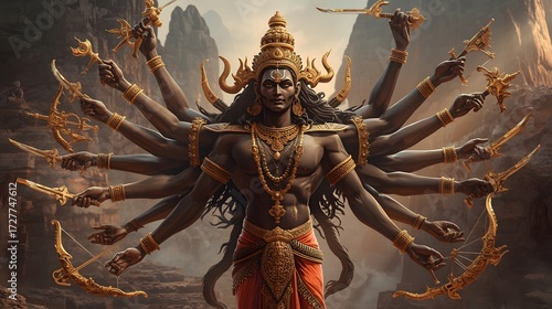 Fierce Divine Warrior Illustration with Symbolic Weapons