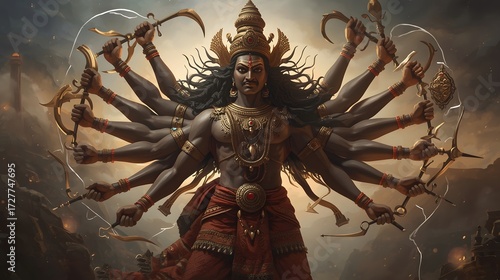 Fierce Divine Warrior Illustration with Symbolic Weapons