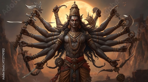 Fierce Divine Warrior Illustration with Symbolic Weapons