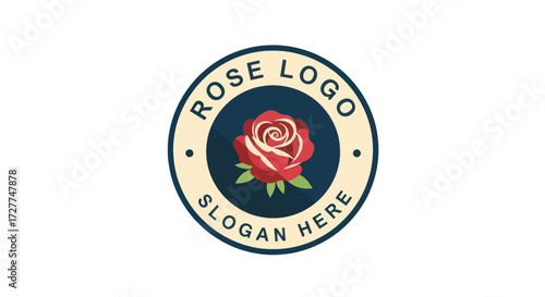A vintage-style circular badge logo featuring a red rose illustration with placeholder text for a brand name and slogan.
