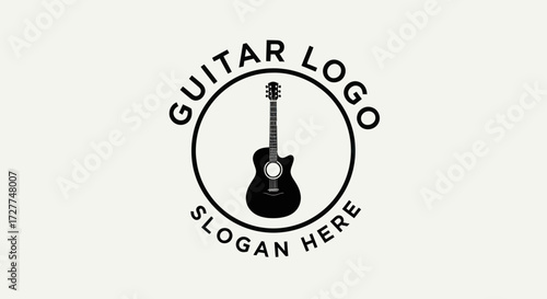 A minimalist circular logo featuring a black silhouette of an acoustic guitar, with "GUITAR LOGO" arched above and "SLOGAN HERE" below, set against a plain, light background.