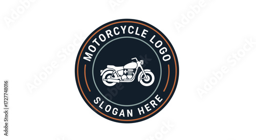 A circular emblem featuring a classic motorcycle silhouette with "MOTORCYCLE LOGO" and "SLOGAN HERE" text.
