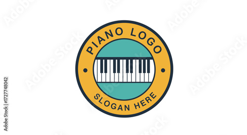 Circular logo featuring piano keys in the center, surrounded by a teal circle and a yellow ring with text.