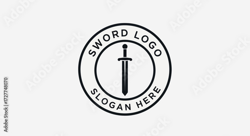 A minimalist logo featuring a sword centered within a circle, surrounded by the words "SWORD LOGO" and "SLOGAN HERE.".