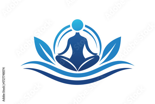 Silhouette meditating figure sits upon abstract water and blue lotus petals radiates peace