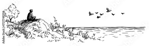 person sitting by lake with birds sketch